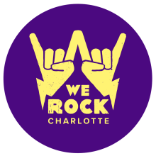 Purple circle logo with yellow rock hands, reading "We Rock Charlotte"